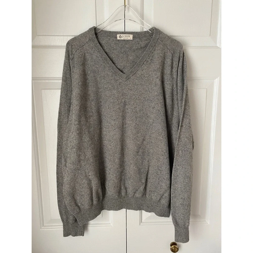 J Crew Men's Grey V Neck Long Sleeve Sweater Size L Cotton‎ Cashmere Blend